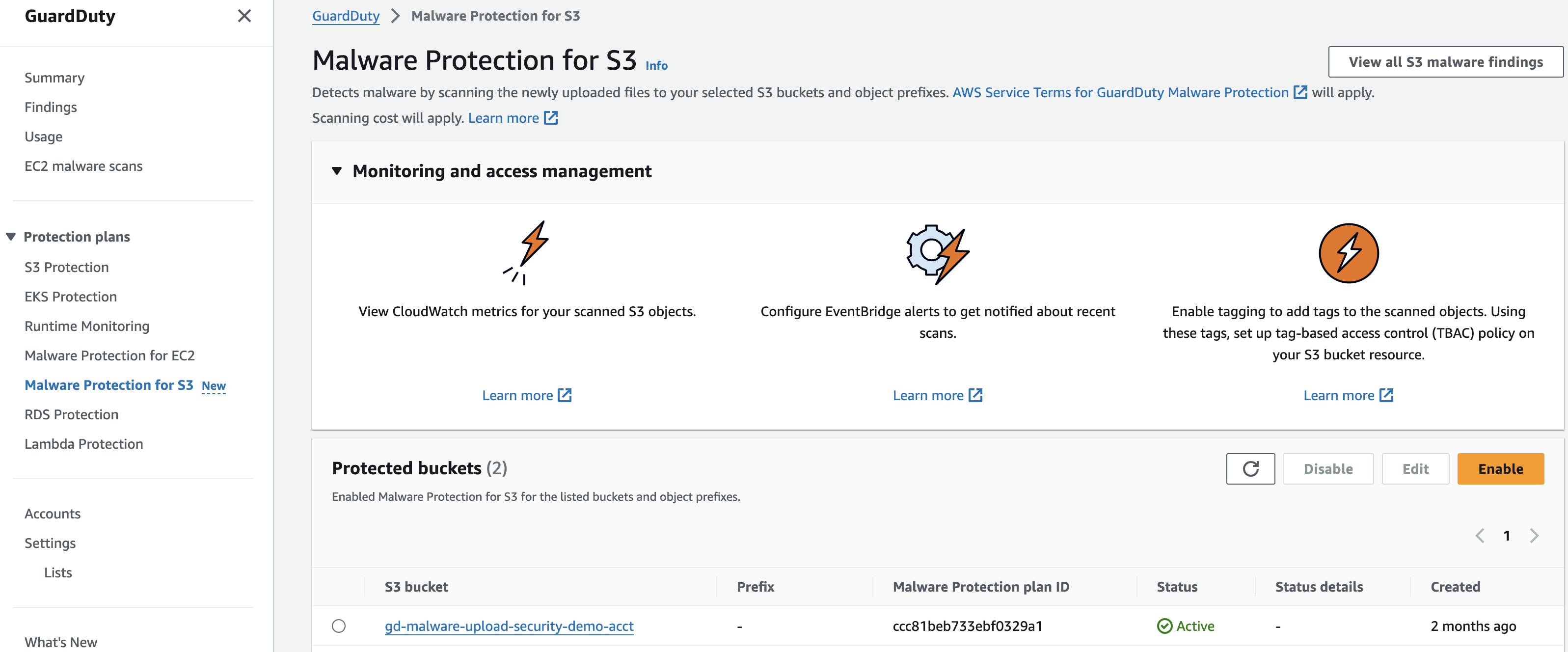 S3 Malware Protection console