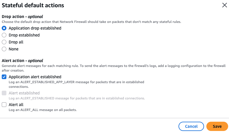 Network Firewall Application Drop Established default actions