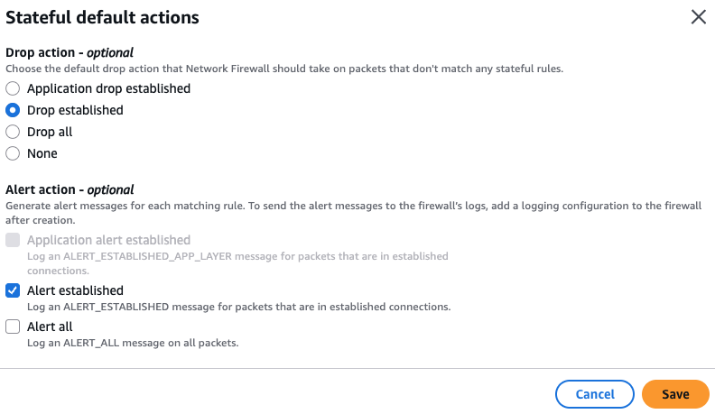 Network Firewall Drop Established default actions