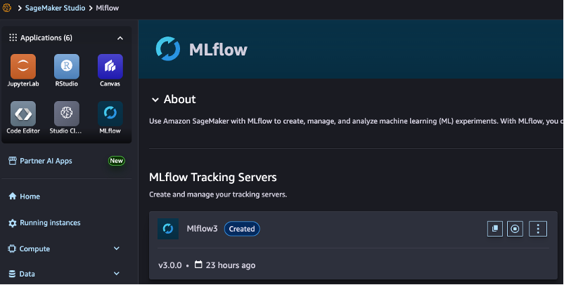 Figure 2: Landing page for SageMaker Studio UI and access to MLflow