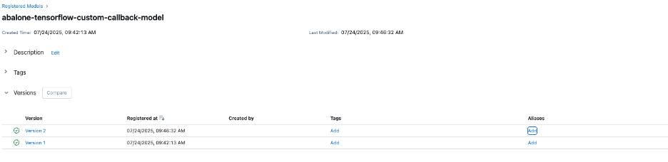 Figure 6: Registered models of "abalone-tensorflow-custom-callback-model"